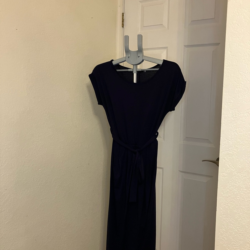 Chic Navy  Blue Midi Dress with Tie